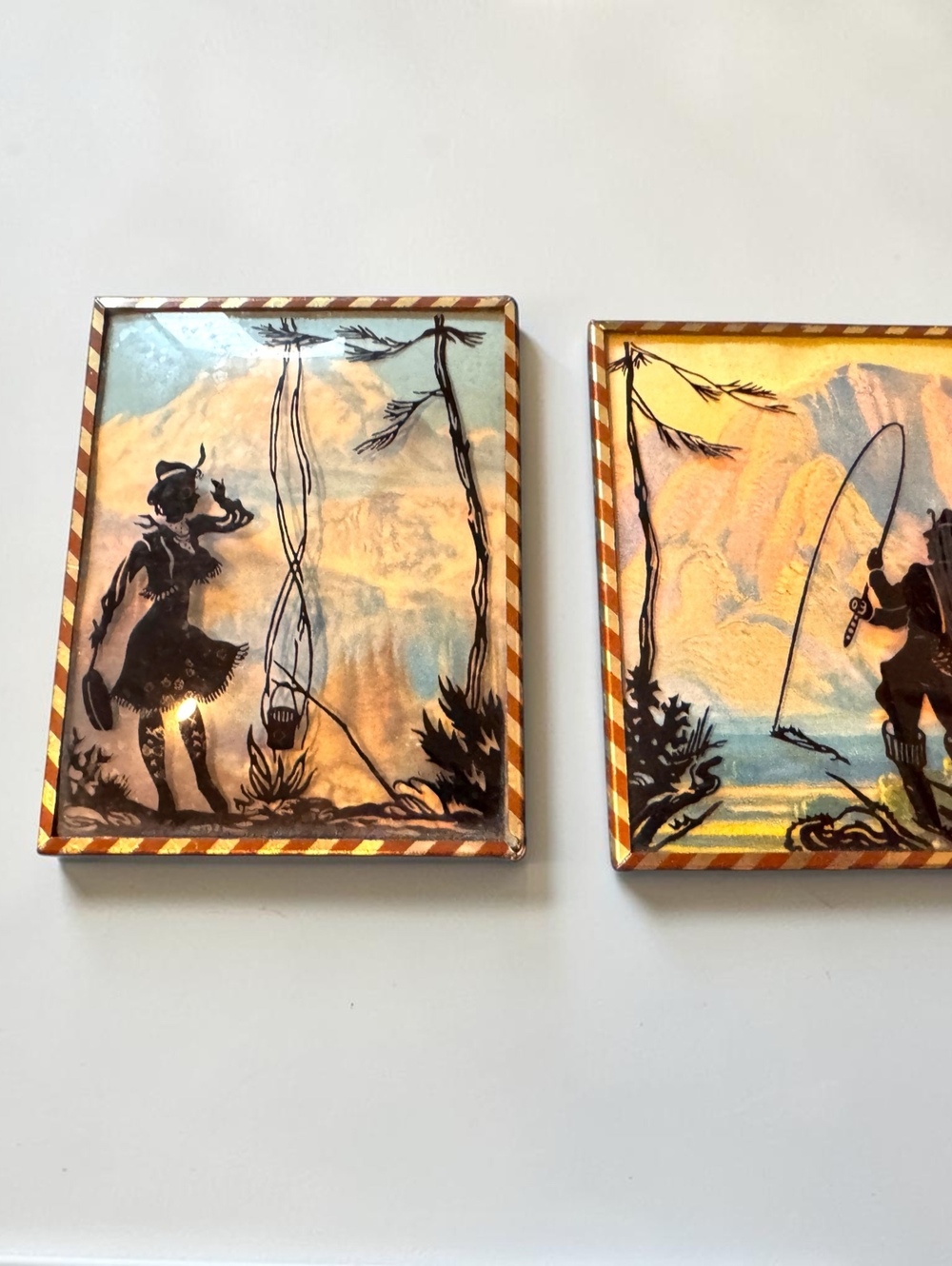 Vintage Silhouette Wall Art Pair Fisherman Woman Campfire 5x7 Rustic Cabin Decor